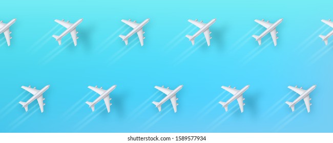 Abstract pattern from flying airplanes on blue background. Realistic 3d planes with trail of smoke and shadow. Vector illustration, eps10.