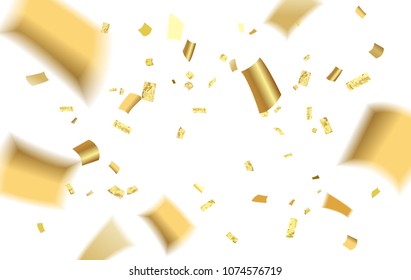 Abstract pattern of flying golden confetti with empty center for text on white background. Colorful background with gold confetti. Vector illustration.