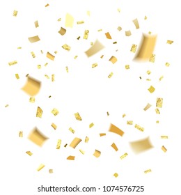 Abstract pattern of flying golden confetti with empty center for text on white background. Colorful background with gold confetti. Vector illustration.