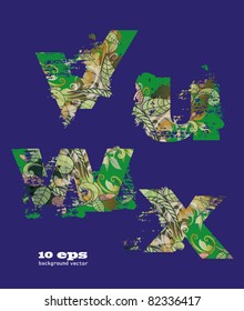 abstract pattern, font, fresh green alphabet with elements of vegetation pattern.