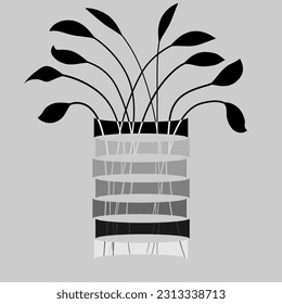 Abstract pattern in the form of branches with leaves in a creative vase. For interior design in the style of boho, minimalism.