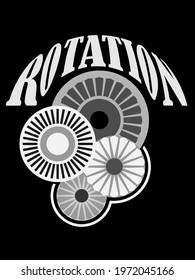 abstract pattern in the form of round stylized images of turbines and the word "rotation" for printing on clothing, emblems, posters, as well as for the design of logos and technical rooms