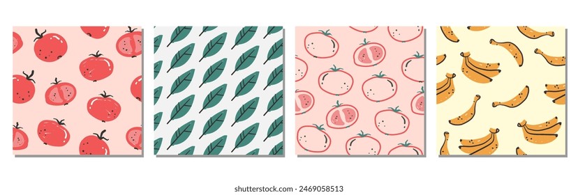 Abstractas patrón de frutas y hojas. Conjunto brillante de patrones de frutas en un estilo de moda.