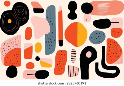 abstract pattern full of bright colors and geometric shapes, in the style of irregular organic forms, minimalist illustrator, earthy palette, jean arp, hand-painted details, orange and black