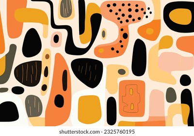 abstract pattern full of bright colors and geometric shapes, in the style of irregular organic forms, minimalist illustrator, earthy palette, jean arp, hand-painted details, orange and black