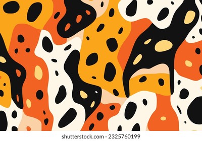 abstract pattern full of bright colors and geometric shapes, in the style of irregular organic forms, minimalist illustrator, earthy palette, jean arp, hand-painted details, orange and black