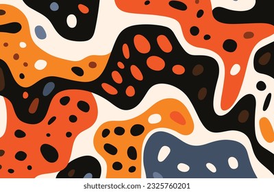 abstract pattern full of bright colors and geometric shapes, in the style of irregular organic forms, minimalist illustrator, earthy palette, jean arp, hand-painted details, orange and black