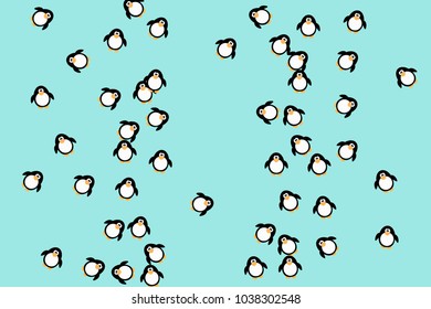 Abstract pattern of funny penguins. Design for a card, invitation, carnival, children's holiday or your project. Gentle blue background and funny penguins. Vector illustration