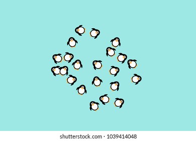 Abstract pattern of funny penguins. Design for a card, invitation, carnival, children's holiday or your project. Gentle blue background and funny penguins. Vector illustration