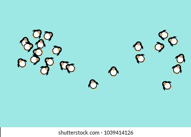Abstract pattern of funny penguins. Design for a card, invitation, carnival, children's holiday or your project. Gentle blue background and funny penguins. Vector illustration