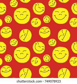 Abstract pattern of funny smileys on red doodles sketch