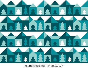 Abstract pattern with geometric mountains and pine trees. Abstract background with graphic landscape with blue pines, triangles and squares. Abstract seamless geometric pattern, vector illustration