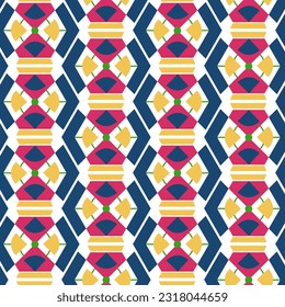 Abstract pattern with geometric shapes. Blue, yellow, carmine. Hexagons, triangles, circles. Constructivism, avant-garde. Suprematism. 20-30 years. For postcard, textiles, wrapping paper, fashion.