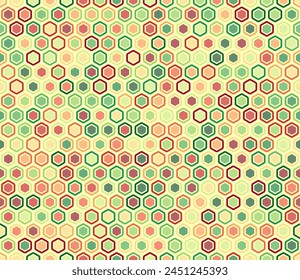 Abstract pattern of geometric shapes. Bold rounded hexagon cells with padding and inner solid cells. Honeycomb geometric shapes. Multiple tones color palette. Seamless pattern.