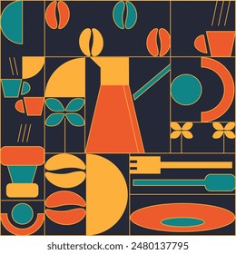 Abstract pattern with geometric shapes. Coffee, cups, and different shapes for cafe, bakery, menu. Minimalist banner with mosaic.