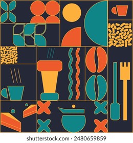 Patrón Abstractas con Formas geométricas. Café, tazas y diferentes Formas para café, panadería, menú. Anuncio minimalista con mosaico.