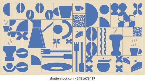 Abstract pattern with geometric shapes. Coffee, cups, and different shapes for cafe, bakery, menu. Minimalist two-color banner with mosaic.