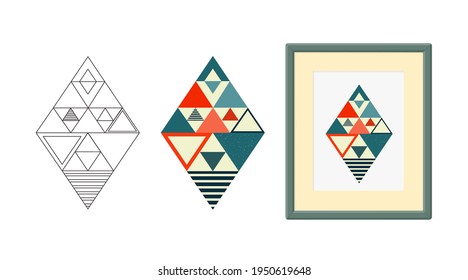 Abstract pattern of geometric shapes in color, line art style and framed. Vector illustration