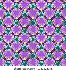 Abstract pattern of geometric shapes in different colors in purple on dark background. For wrapping paper, background, Wallpaper. Vector stock.