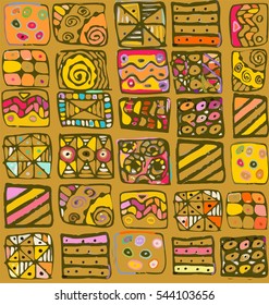 Abstract pattern of geometric shapes freehand drawing in blue, beige, pink, green, purple, yellow and black a seamless pattern on beige background.