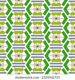 Patrón abstracto con formas geométricas. Verde, azul claro, rosa. hexágonos, triángulos, círculos. Constructivismo, vanguardia. 20-30 años. Línea, rellena. Para postales, textiles, papel envolvente, moda.