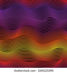 Abstract pattern. Geometric wavy colorful stripes on black background. Vector illustration. Futuristic design. Optical illusion.