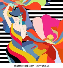 Abstract pattern girl model, striped dress, hat, gloves, floral background white black. Fashion, vector prints, Trendy fall color