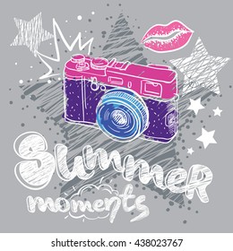 Abstract pattern for girls. Modern background for boys and girls. Seamless background. Wallpaper for girls. Repeated pattern with camera, lips. Summer backdrop. Chaotic background. Design for t-shirt