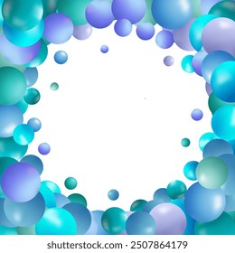 Abstract pattern with glass blue balls or precious pearls. Glossy realistic ball. 3D vector illustration highlighted on a light background. Photo frame.