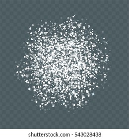 Abstract pattern. Glitter banner greeting, Christmas, New Year invitation, postcard. Shimmer vector illustration sparkling lights. Round bunch white snowflakes transparent sparkle background.