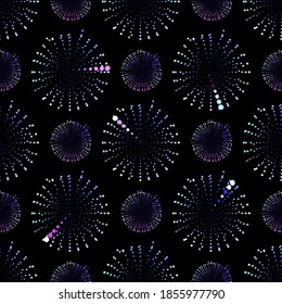 Abstract pattern. Glowing unusual round shapes isolated on black background. Simple vector endless illustrations.