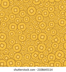 Abstract pattern with gold chinese coins for concept design. Vector festive illustration. Seamless texture. Happy new year.