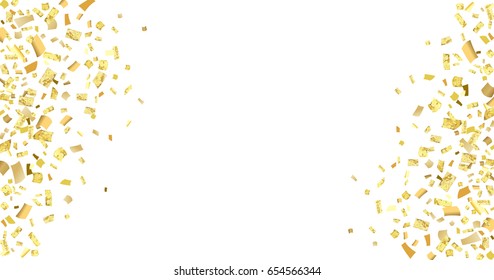 Abstract pattern of gold confetti  with empty center for text on white background.  Vector illustration.