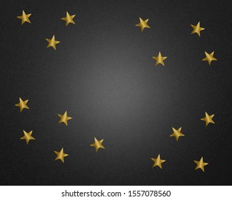 Abstract pattern of gold stars on black background. Greeting card, Christmas and New Year card, invitation, postcard.