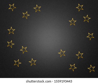 Abstract pattern of gold stars on black background. Greeting card, Christmas and New Year card, invitation, postcard.