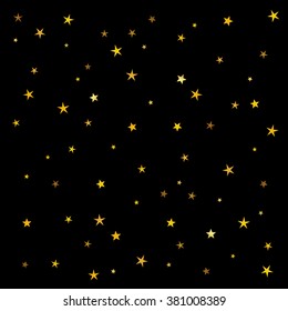 Abstract pattern of gold stars on a black background. Festive confetti. A great background for a gift card.