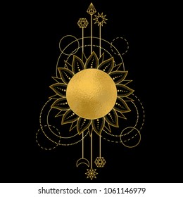 Abstract pattern with gold sun, moon, star and geometric elements on black background