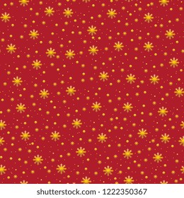 Abstract pattern with gold winter stars on red background. Vector illustration trendy for wrapping wallpaper and textile fashion read for print.