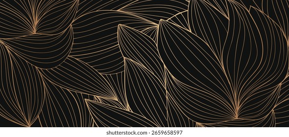 Patrón Abstractas de hojas botánicas doradas en estilo de arte de línea delicada sobre un fondo negro rico, conveniente para los diseños lujosos y modernos. Ilustración vectorial