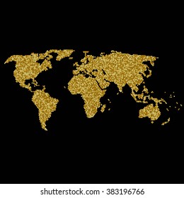 Abstract pattern of golden mosaic. Bright shiny round sequins foil. Round shape mosaic on black background. World map. Have place for your letter. Vector illustration. EPS10.