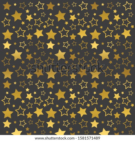 Abstract pattern of golden stars on dark black background. Vector for Christmas and New Year card, celebration invitation, packaging design, illustration