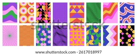 Abstract pattern graphic posters. Funky abstraction geometric texture print design, contemporary backgrounds minimal bold forms geometry shapes colorful ornaments. Vector set.