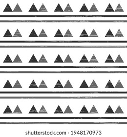Abstract pattern with gray shades of stripes and triangles on a white background with an old antique texture. Seamless vector illustration for textiles, surfaces.