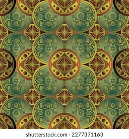 An abstract pattern of green and brown gold circles can be used for room decoration