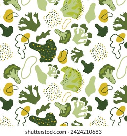 Abstract pattern of green cabbage on a white background. Broccoli for proper nutrition. Food illustration. Seamless pattern. Healthy eating concept.