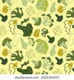 Abstract pattern of green cabbage on a yellow background. Broccoli for a healthy diet. Food illustration. Seamless pattern.