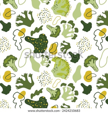 Abstract pattern of green cabbage on a white background. Broccoli for proper nutrition. Food illustration. Seamless pattern. Healthy eating concept.