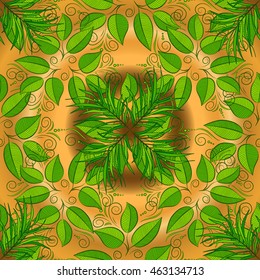abstract pattern with green leaves on golden round gradient background