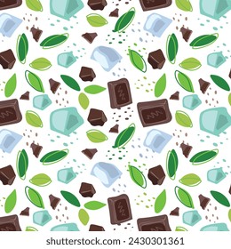 Abstract pattern green mint with chocolate chips and ice cube in flat style. Vector background. Fresh Seamless pattern. Summer time print. Ice cream wallpaper.