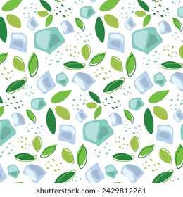 Abstract pattern with green mint and ice cube pattern in flat style. Vector background. Fresh Seamless pattern. Summer time print. Lemonade wallpaper.